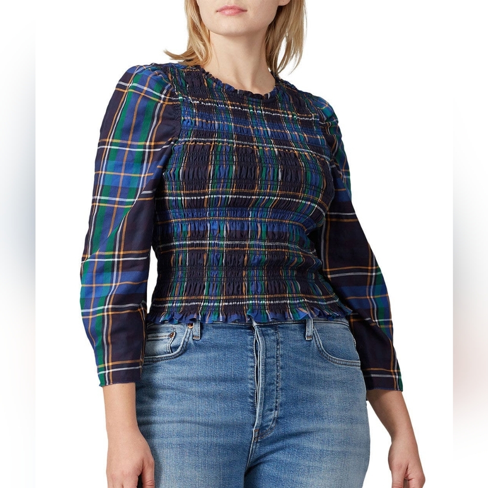 Tanya Taylor Katherine Blue Plaid Smocked Blouse Women's Size Large L